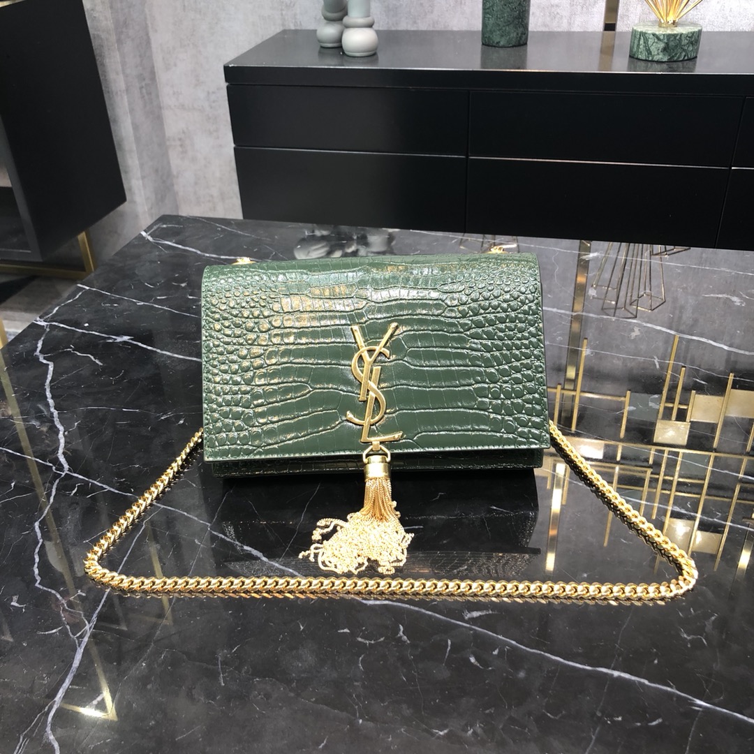 Saint Laurent Kate Tassel Small Crocodile Embossed Calfskin Shoulder Bag Handbag Army Green 474366 Gold